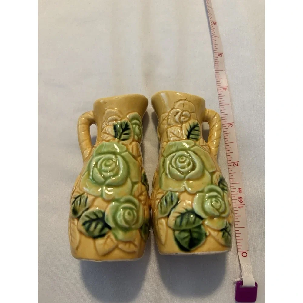 Vintage Salt and Pepper Shakers Pitcher Rose Yellow Green Mid-Century